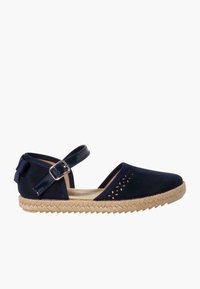 Navy suede espadrille with a woven jute sole, cutout details on the toe, and an adjustable ankle strap. Features a glossy buckle accent.