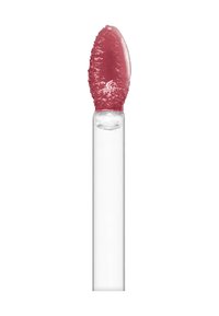Lipglossapplicator met een doorzichtig handvat en een zachte, afgeronde en getextureerde punt bedekt met een transparante, rozetintige formule.