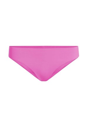 Braguita de bikini rosa, diseño sin costuras, fabricada con tela suave, talle medio, corte clásico, sin estampados ni adornos visibles.