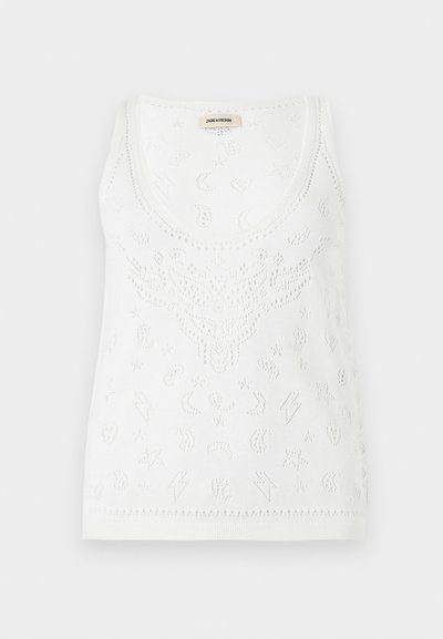 Λευκό πλεκτό αμάνικο τοπ με διάτρητα σχέδια κεφαλής ελάφι, αστέρια, φεγγάρια, καρδιές και αστραπές.