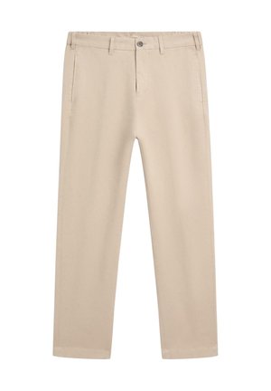 Beige bukser med lige ben, bæltestropper, knap og lynlåslukning foran samt sidelommer, vist mod en hvid baggrund.