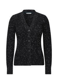 Czarny kardigan z dekoltem w serek i pięcioma guzikami z przodu. Charakteryzuje się teksturowanym splotem z białymi plamkami, ściągaczowymi mankietami i krawędzią dolną.