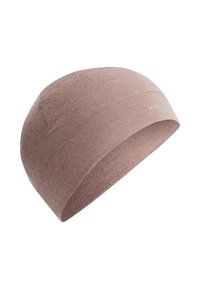 Fascia per capelli in tessuto marrone con una texture liscia, forma curva e un piccolo dettaglio del logo sul davanti. Adatta per l'abbigliamento sportivo.