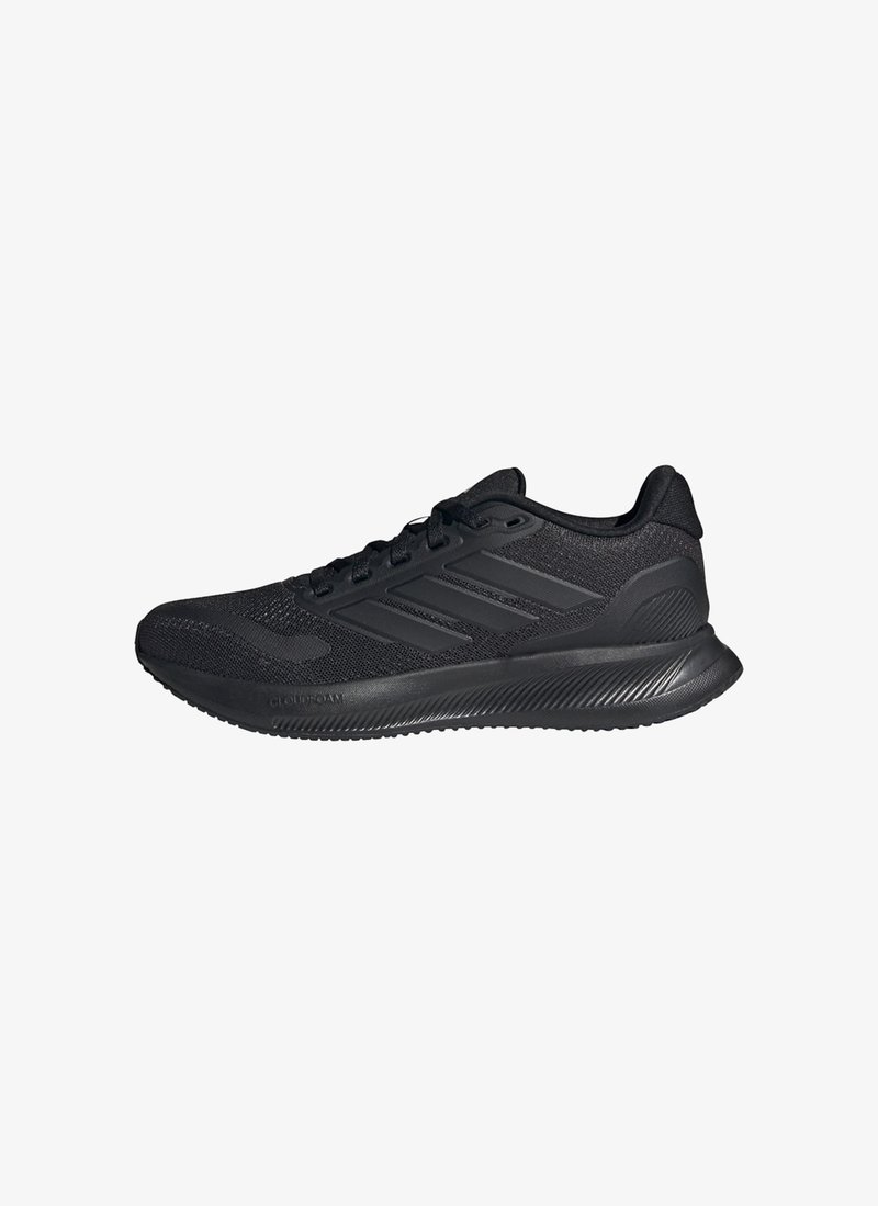 Black athletic shoes with a breathable mesh upper, textured detailing, and Cloudfoam cushioning. Features laces and a rubber outsole.