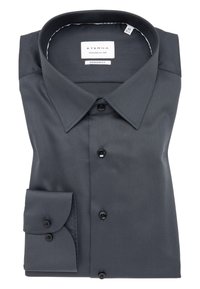 Camicia da uomo grigio scuro realizzata in tessuto liscio, con colletto classico, bottoni neri e polsini con una sola bottone. Design dalla vestibilità moderna.