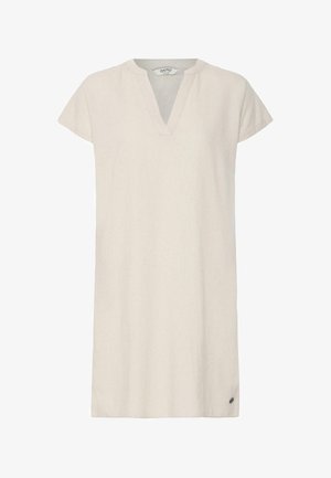 Vestido corto beige con mangas cortas, escote en V y pequeño logo de la marca cerca del dobladillo.