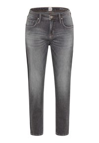 Dunkelgraue Denim-Jeans im Slim-Fit, ausgestattet mit fünf Taschen, Kontrastnähten und einem Reißverschluss mit Knopfverschluss.