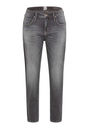 Donkergrijze spijkerbroek met slim fit, voorzien van vijf zakken, contrasterende stiksels en een rits met knoopsluiting.
