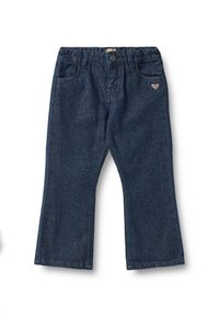 Jeans in denim scuro con taglio dritto, tasche frontali e un piccolo cuore rosa ricamato sulla tasca sinistra.