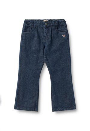 Dunkelblaue Jeans mit geradem Bein, Fronttaschen und einem kleinen rosa Herz, das auf die linke Tasche gestickt ist.