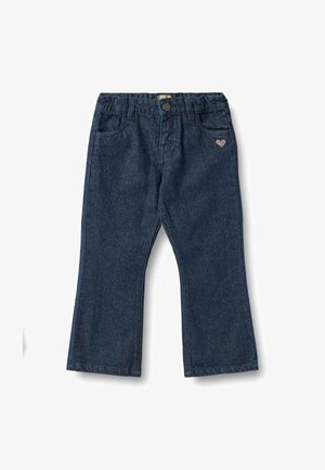 Jeans z ciemnego denimu o prostym kroju nogawki, z przednimi kieszeniami i małym różowym serduszkiem wyszytym na lewej kieszeni.