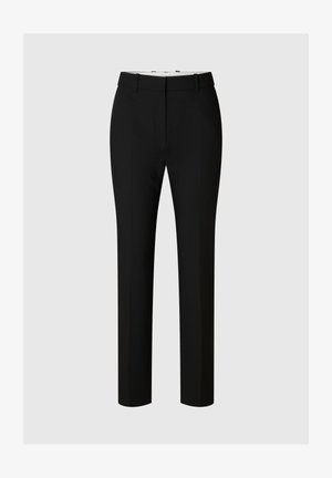 Black tailored trousers made of smooth fabric, featuring a straight-leg cut, belt loops, and minimal visible stitching.