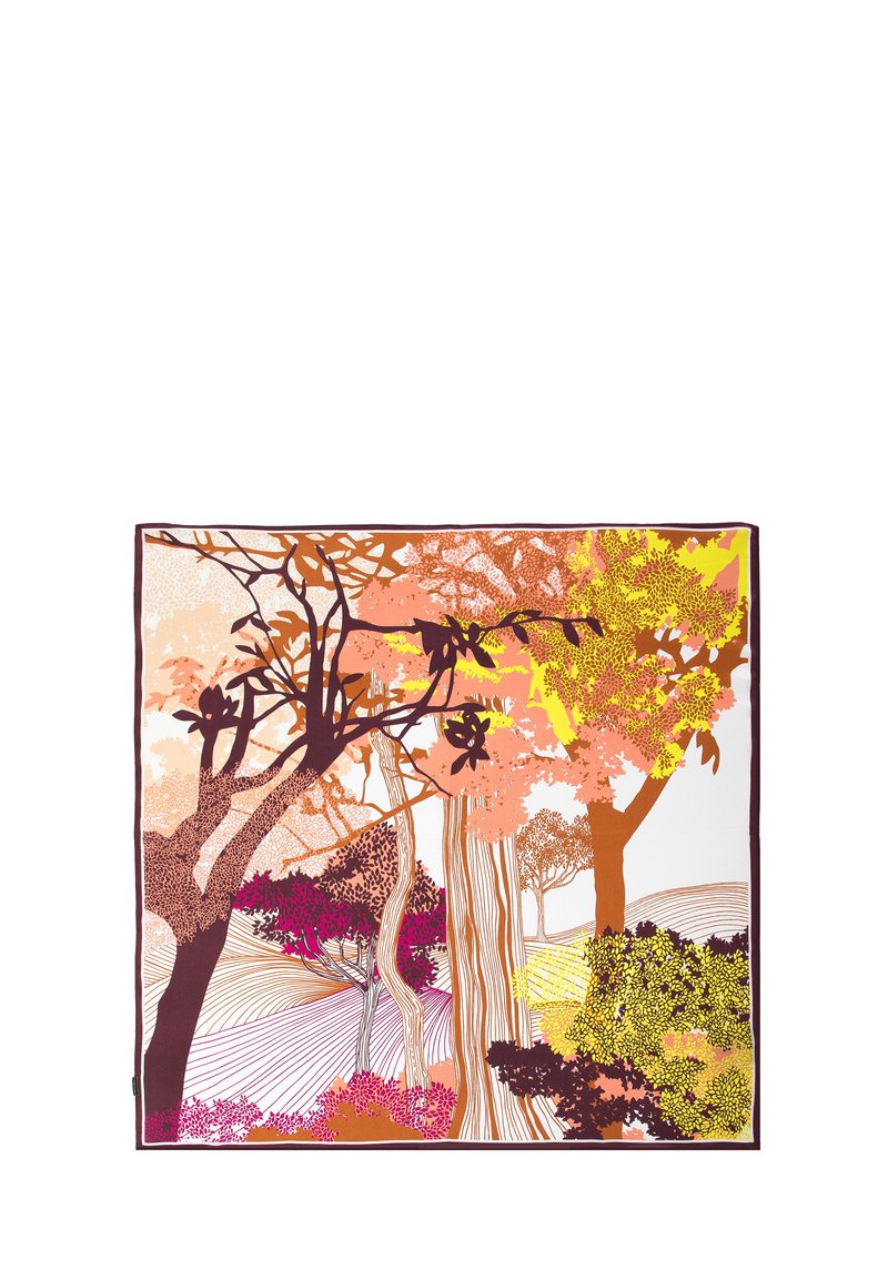 Bufanda de seda con un diseño de paisaje colorido que presenta árboles en tonos de rosa, naranja y amarillo, contorneados en marrón oscuro.