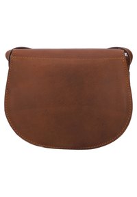 Borsa a tracolla in pelle marrone dalla forma arrotondata, chiusura piatta e dettagli cuciti, caratterizzata da una trama liscia e un design minimalista.
