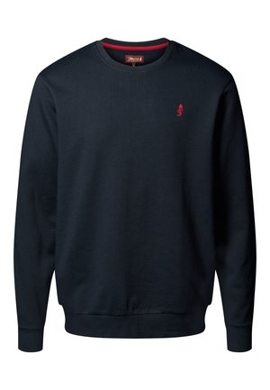 Sudadera navy de manga larga, con textura acanalada y acento rojo en el cuello. Pequeño logo bordado en el pecho. Puños ajustables.