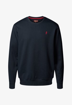 Námořnická mikina s dlouhými rukávy, ribovanou strukturou a červeným akcentem na výstřihu. Malé vyšívané logo na prsou. Nastavitelné manžety.