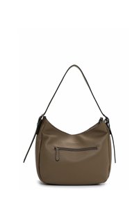 Brown textured leather shoulder bag with a curved shape, featuring a single strap and a front zip pocket.