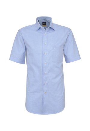 Hellblaues Kurzarmhemd mit Knopfleiste, klassischem Kragen und Brusttasche, dargestellt vor einem schlichten weißen Hintergrund.