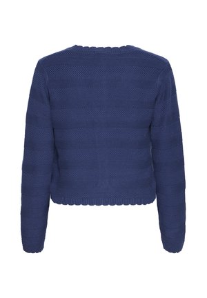 Pulover tricotat de culoare bleu marin, cu mâneci lungi, având dungi orizontale ribbate și texturate, design scurt și decolteu ondulat.