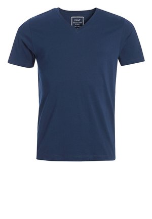 Camiseta de algodón azul marino con escote en V, mangas cortas y dobladillo recto. Textura suave, sin patrones ni adornos.