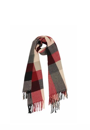 Knitted scarf with wide check pattern in red, black, beige, and gray, featuring fringed ends.