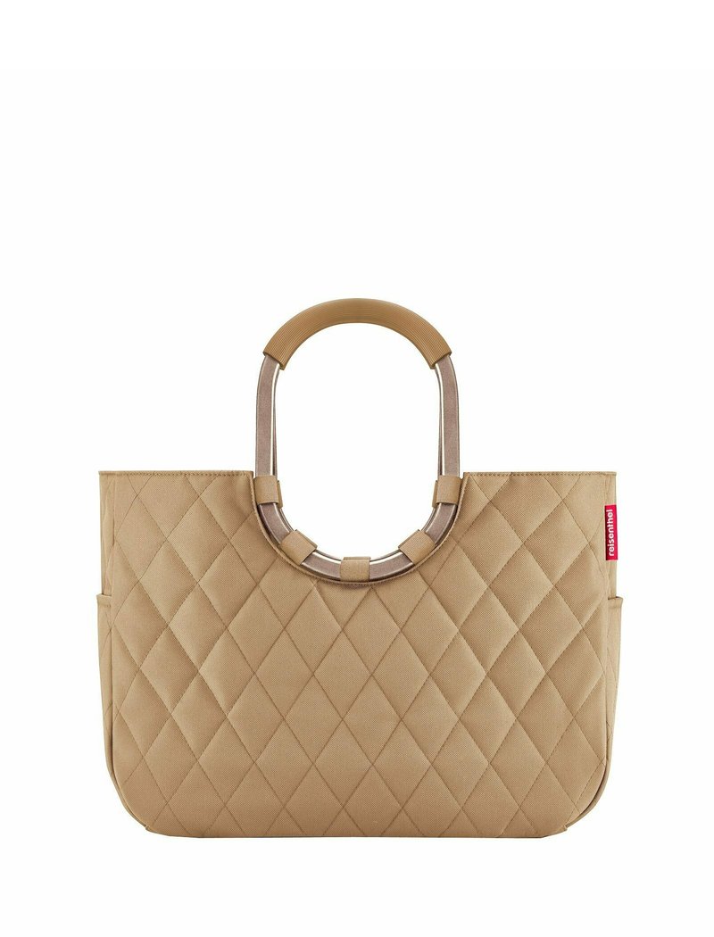 Beige quilted tote bag with two brown handles and a contrasting silver ring accent. Features side pockets and a structured rectangular shape.
