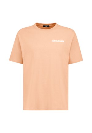 Beige T-Shirt mit kurzen Ärmeln und Rundhalsausschnitt, mit dem Schriftzug "WORLDWIDE" in Weiß auf der oberen linken Brust.