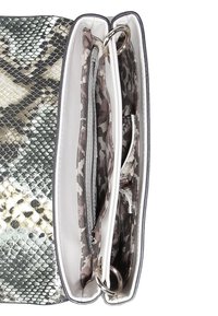 Python-patterned clutch purse in silver and white, featuring multiple compartments and a smooth texture, with silver-tone hardware accents.