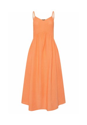 Mouwloze oranje maxi-jurk met dunne schouderbandjes, een aansluitend lijfje en een geplooide rok die tot op de vloer reikt.