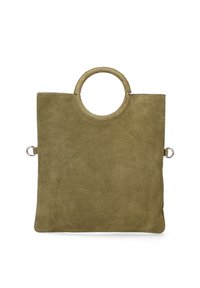 Borsa in suede verde oliva, con manico circolare, design minimalista e dettagli in metallo. Texture liscia con una finitura morbida.