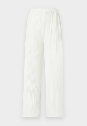 Pantalons larges plissés blancs avec une taille élastique. Fabriqués en tissu léger, dotés de rayures verticales et d'une coupe fluide.