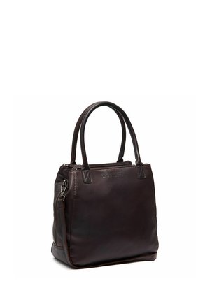 Sac à main en cuir marron foncé avec deux poignées supérieures, une sangle d'épaule amovible et une fermeture éclair sur le dessus.