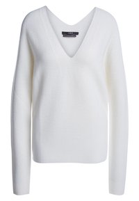 Maglione bianco a scollo a V realizzato in materiale a coste, con maniche lunghe e orlo dritto. Etichetta con la scritta "SET, made in Italy."