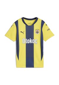 Žltý a námornícky pruhovaný futbalový dres s krátkymi rukávmi, s okrúhlym výstrihom, potlačeným logom a textom sponzora v bielej farbe.
