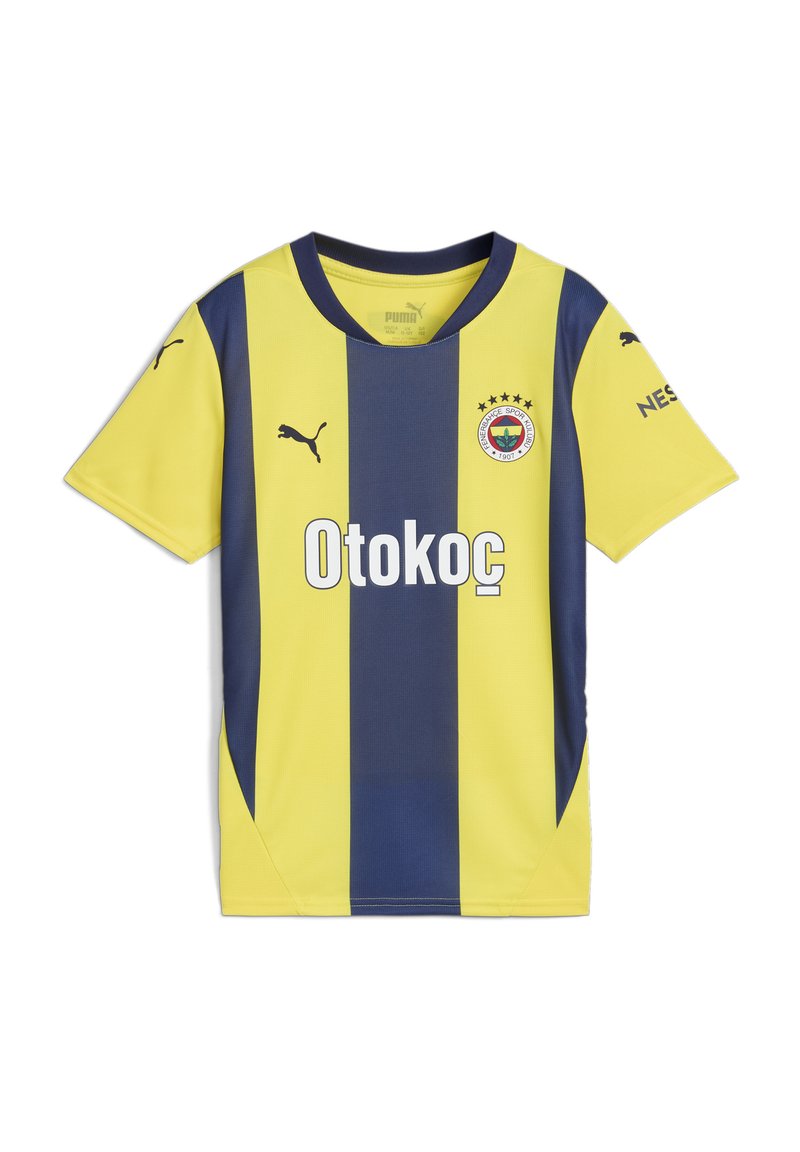 Žltý a námornícky pruhovaný futbalový dres s krátkymi rukávmi, s okrúhlym výstrihom, potlačeným logom a textom sponzora v bielej farbe.