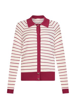 Long-sleeve white cardigan with thin horizontal red stripes, solid red collar, button placket, cuffs, and hem.
