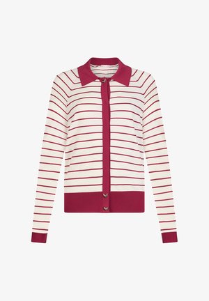 Long-sleeve white cardigan with thin horizontal red stripes, solid red collar, button placket, cuffs, and hem.