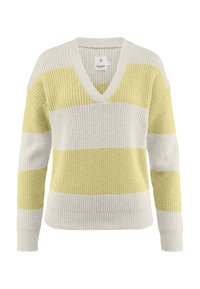 Strickpullover mit V-Ausschnitt, der gelbe und hellgraue horizontale Streifen aufweist. Rippbündchen und Saum sorgen für Struktur. Lässiges Design.