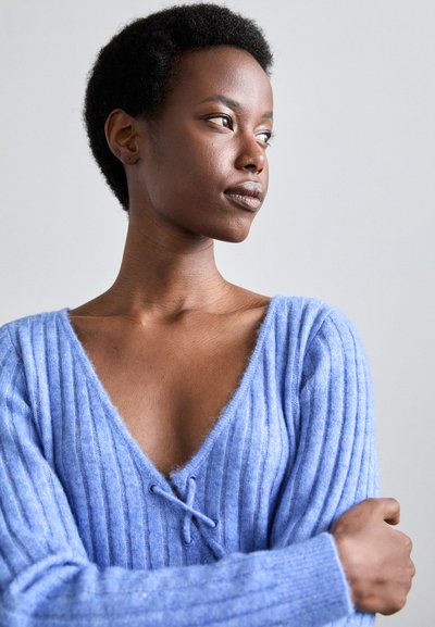 Pulover din tricot ribbed, de culoare albastră deschisă, cu un decolteu adânc în V și un detaliu cu fundiță în față. Materialul pare moale și texturat, având mâneci lungi.