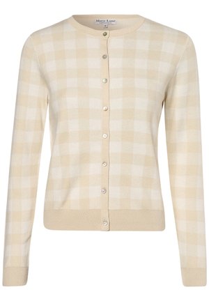 Cardigan a maniche lunghe a quadretti beige e bianchi con scollo rotondo, chiusura frontale con bottoni, polsini e orlo a costine, taglia piccola.