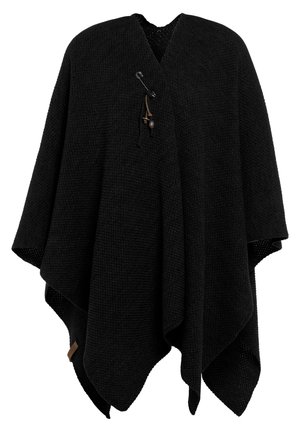 Black knitted poncho with a v-neck design. Features a wooden toggle accent and a safety pin closure. Soft texture, drapes elegantly.