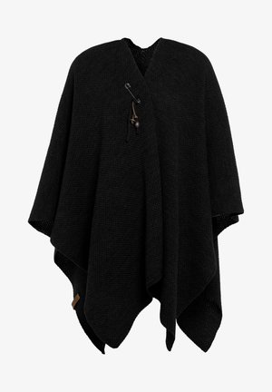 Black knitted poncho with a v-neck design. Features a wooden toggle accent and a safety pin closure. Soft texture, drapes elegantly.