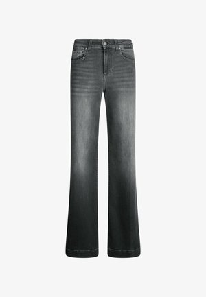 Dunkelgraue weite Jeans mit verwaschenem Finish, klassischer Fünf-Taschen-Stil und Reißverschluss mit Knopfverschluss. Aus Denim gefertigt.