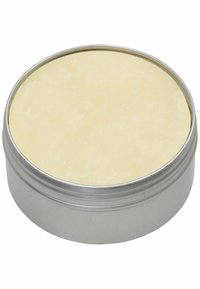 Rundes Metallblech mit einem glatten, hellgelben Deckel. Das Blech hat eine gebürstete silberne Oberfläche und weist subtile Rillen am Rand auf.