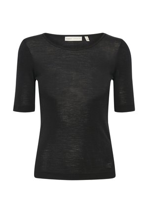 Černý krátkosrstý top vyrobený z lehkého, polo-průhledného materiálu. Disponuje kulatým výstřihem a diskrétním logem na lemu.