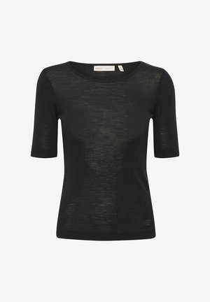 Fekete, rövid ujjú felső, könnyű, félig áttetsző anyagból készült. Kerek nyakkivágással és diszkrét logórésszel az alján.