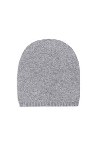 Gray knitted beanie with a rounded top, smooth texture, and ribbed edge. No visible logos or embellishments. Simple and unembellished design.