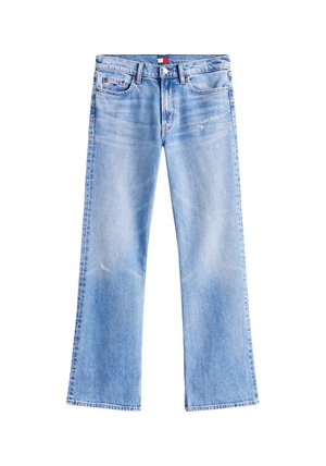 Jeans svasati in denim azzurro chiaro con vita media, cinque tasche e lievi dettagli consumati. Linee pulite e silhouette dritta.