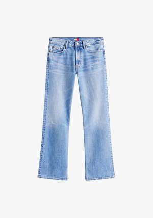 Lichtblauwe denim flared jeans met een taille op middenhoogte, vijf zakken en lichte slijtage. Strakke lijnen en een rechte silhouet.