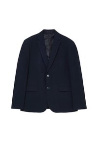 Marineblazer aus strukturiertem Stoff, mit zwei Knöpfen, Reverskragen und Vordertaschen. Glattes Satin-Innenfutter.